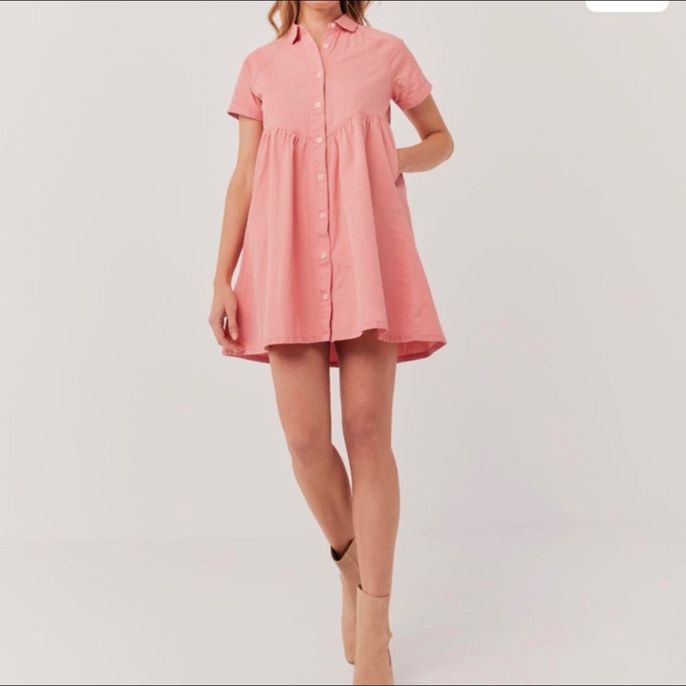 Pact Denim Chambray Button Down Shirt Dress Coral Pink Size Small